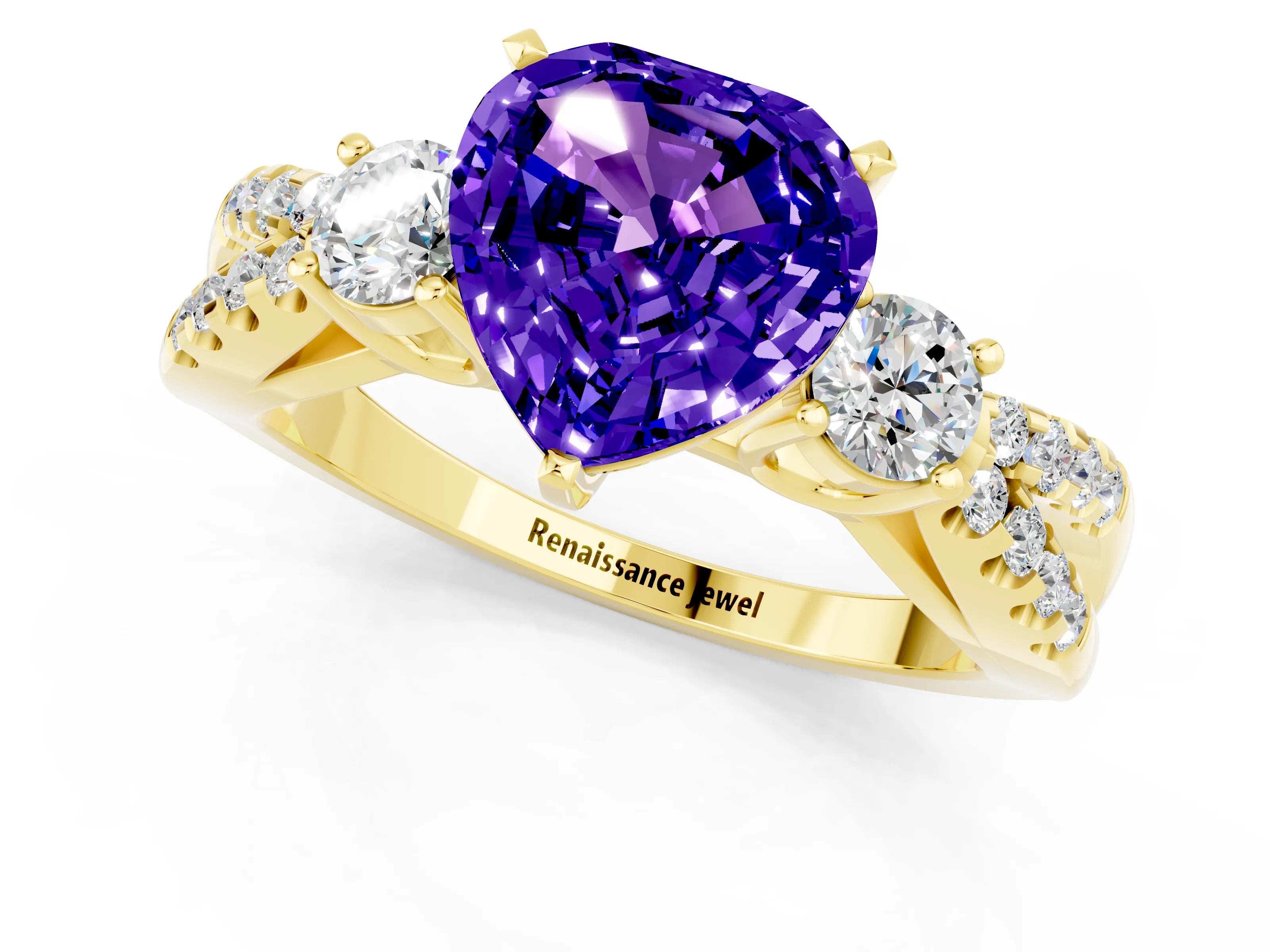 Yellow gold Heart Cut Tanzanite Three-Stone Ring with Pavé Split Shank and Four-Prong Setting_1