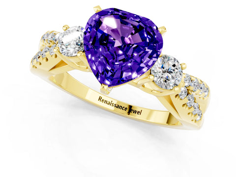 Yellow gold Heart Cut Tanzanite Three-Stone Ring with Pavé Split Shank and Four-Prong Setting_1