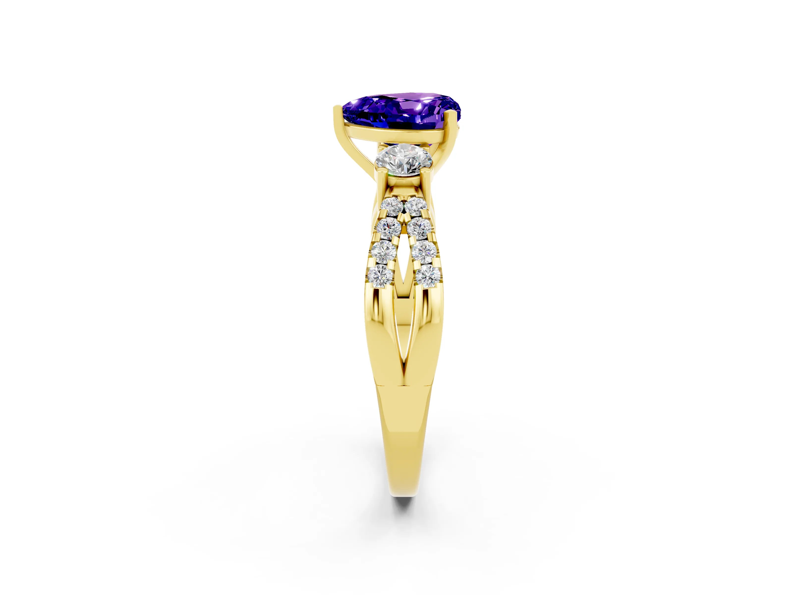 Yellow gold Heart Cut Tanzanite Three-Stone Ring with Pavé Split Shank and Four-Prong Setting_2