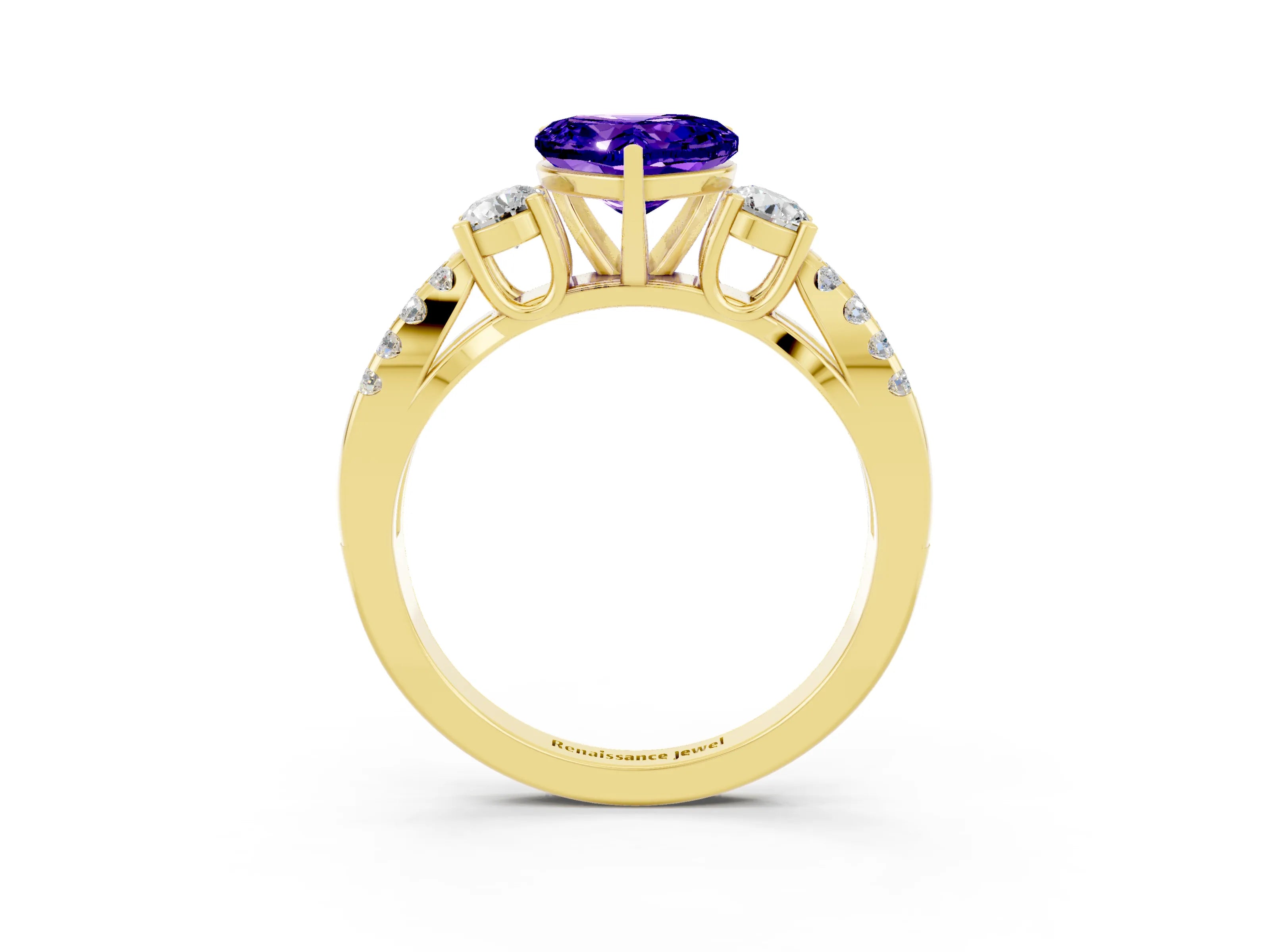 Yellow gold Heart Cut Tanzanite Three-Stone Ring with Pavé Split Shank and Four-Prong Setting_3
