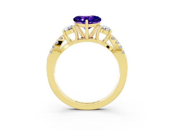 Yellow gold Heart Cut Tanzanite Three-Stone Ring with Pavé Split Shank and Four-Prong Setting