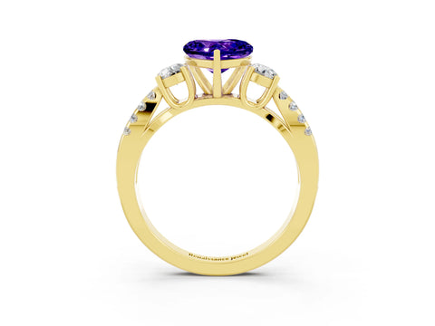 Yellow gold Heart Cut Tanzanite Three-Stone Ring with Pavé Split Shank and Four-Prong Setting_3