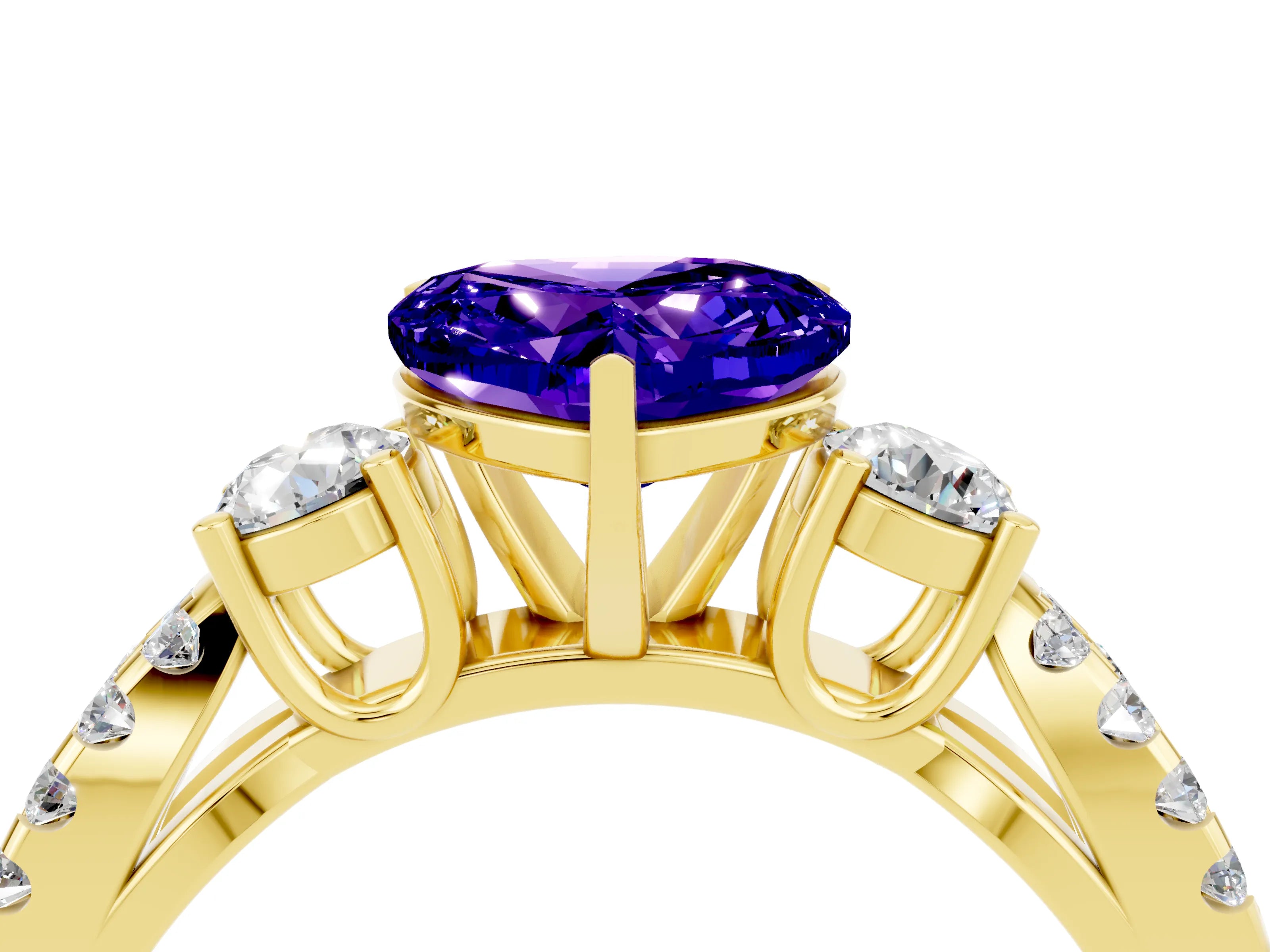 Yellow gold Heart Cut Tanzanite Three-Stone Ring with Pavé Split Shank and Four-Prong Setting_4