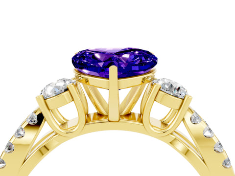 Yellow gold Heart Cut Tanzanite Three-Stone Ring with Pavé Split Shank and Four-Prong Setting_4