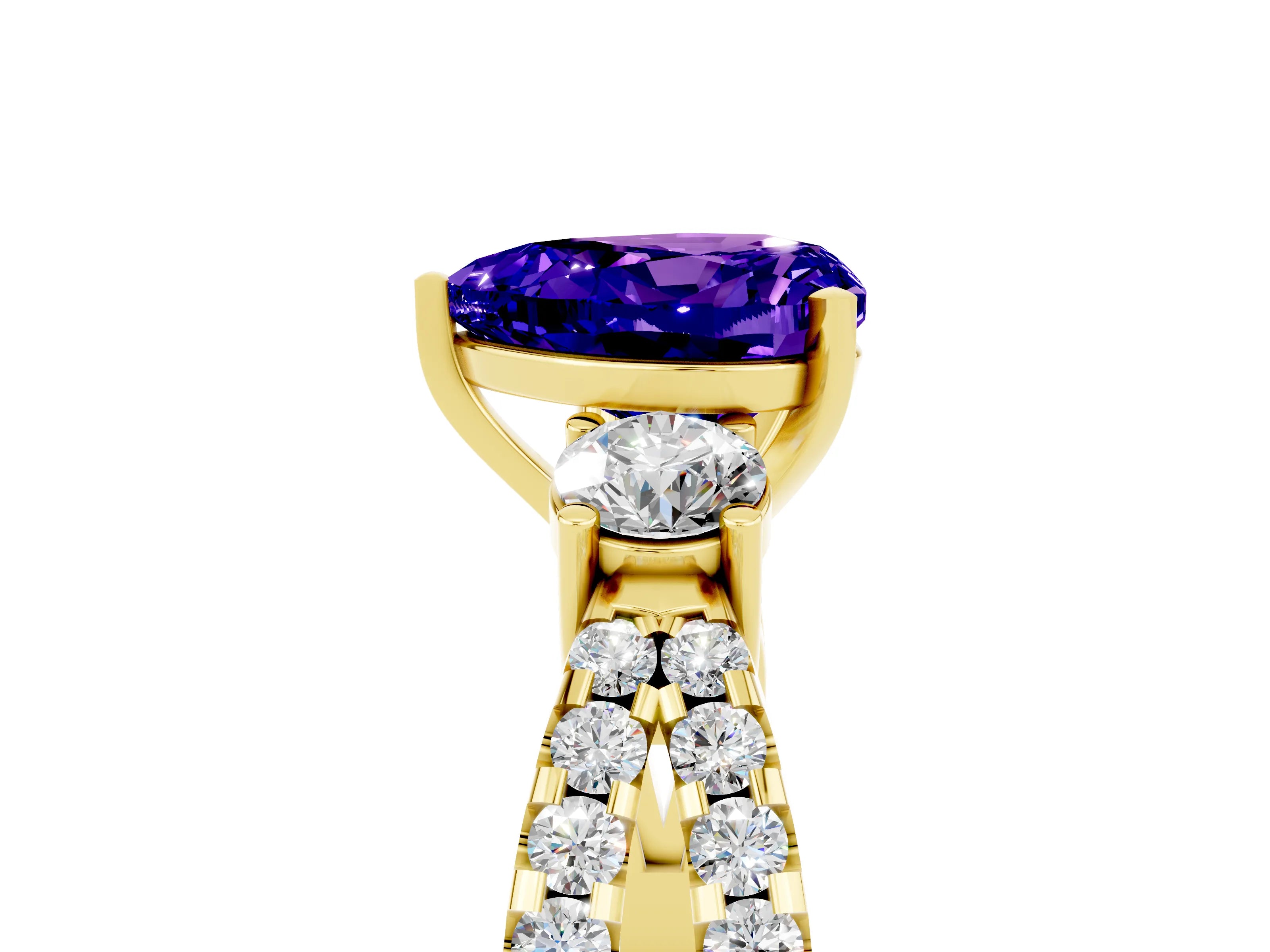 Yellow gold Heart Cut Tanzanite Three-Stone Ring with Pavé Split Shank and Four-Prong Setting_5
