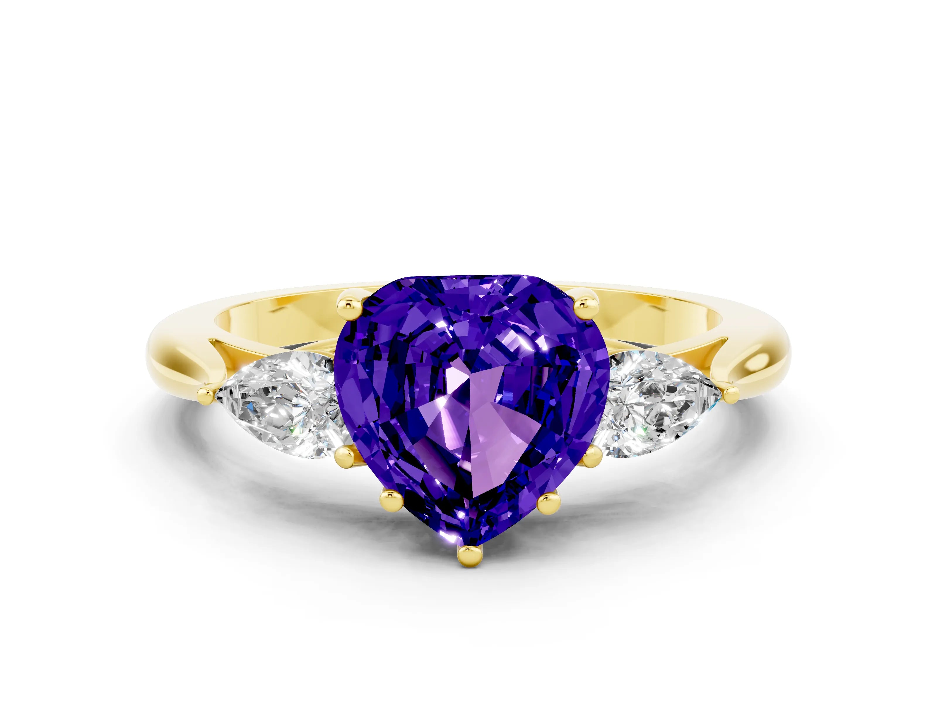 Yellow gold Heart Cut Tanzanite Three-Stone Ring with Pear Side Stones and Four-Prong Setting_12