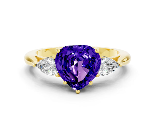 Yellow gold Heart Cut Tanzanite Three-Stone Ring with Pear  Side Stones and Prong Setting