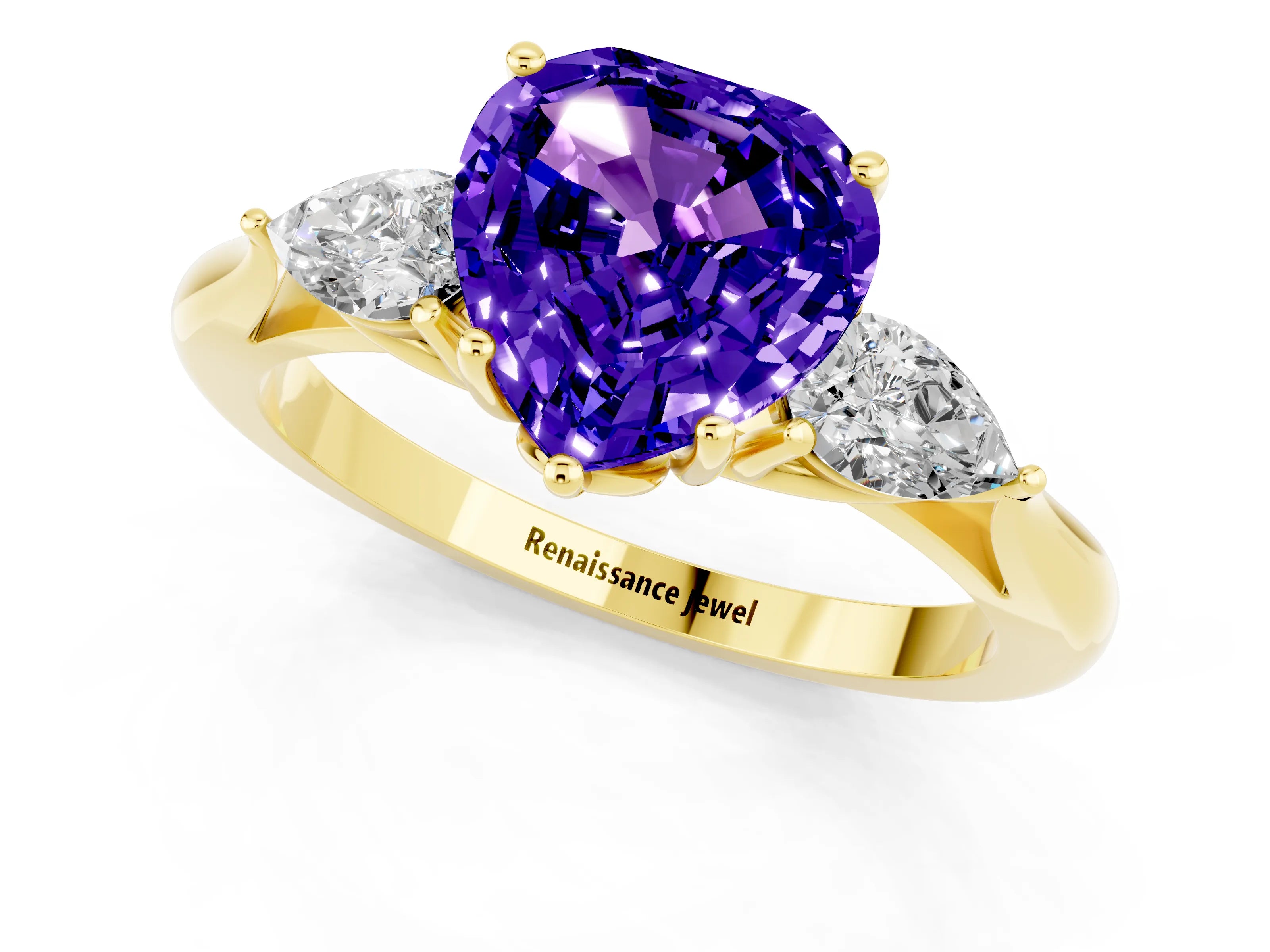 Yellow gold Heart Cut Tanzanite Three-Stone Ring with Pear Side Stones and Four-Prong Setting_13