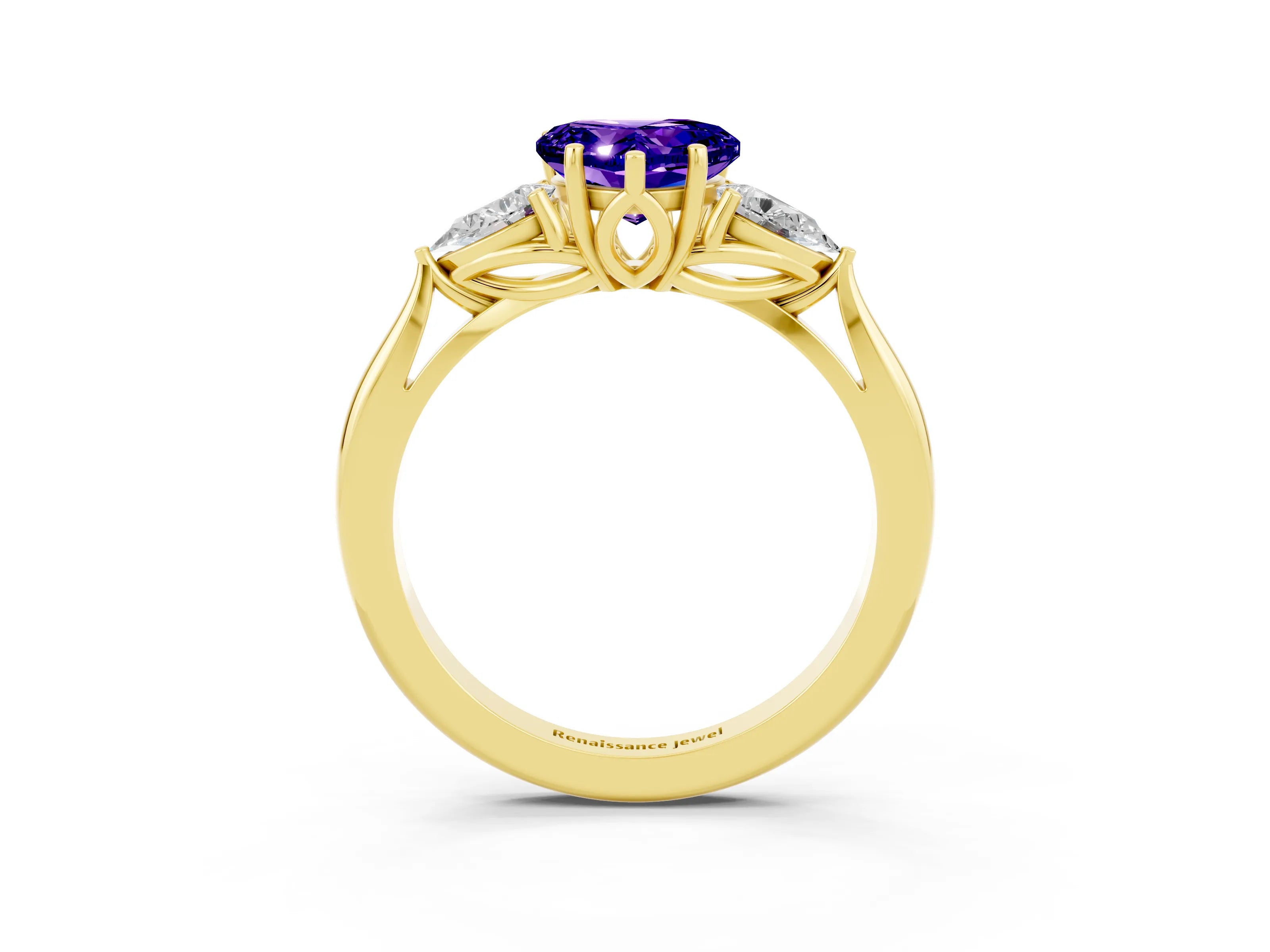 Yellow gold Heart Cut Tanzanite Three-Stone Ring with Pear Side Stones and Four-Prong Setting_15