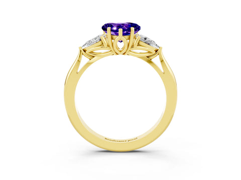 Yellow gold Heart Cut Tanzanite Three-Stone Ring with Pear Side Stones and Four-Prong Setting_15