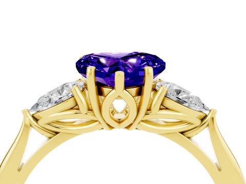 Yellow gold Heart Cut Tanzanite Three-Stone Ring with Pear Side Stones and Four-Prong Setting_16