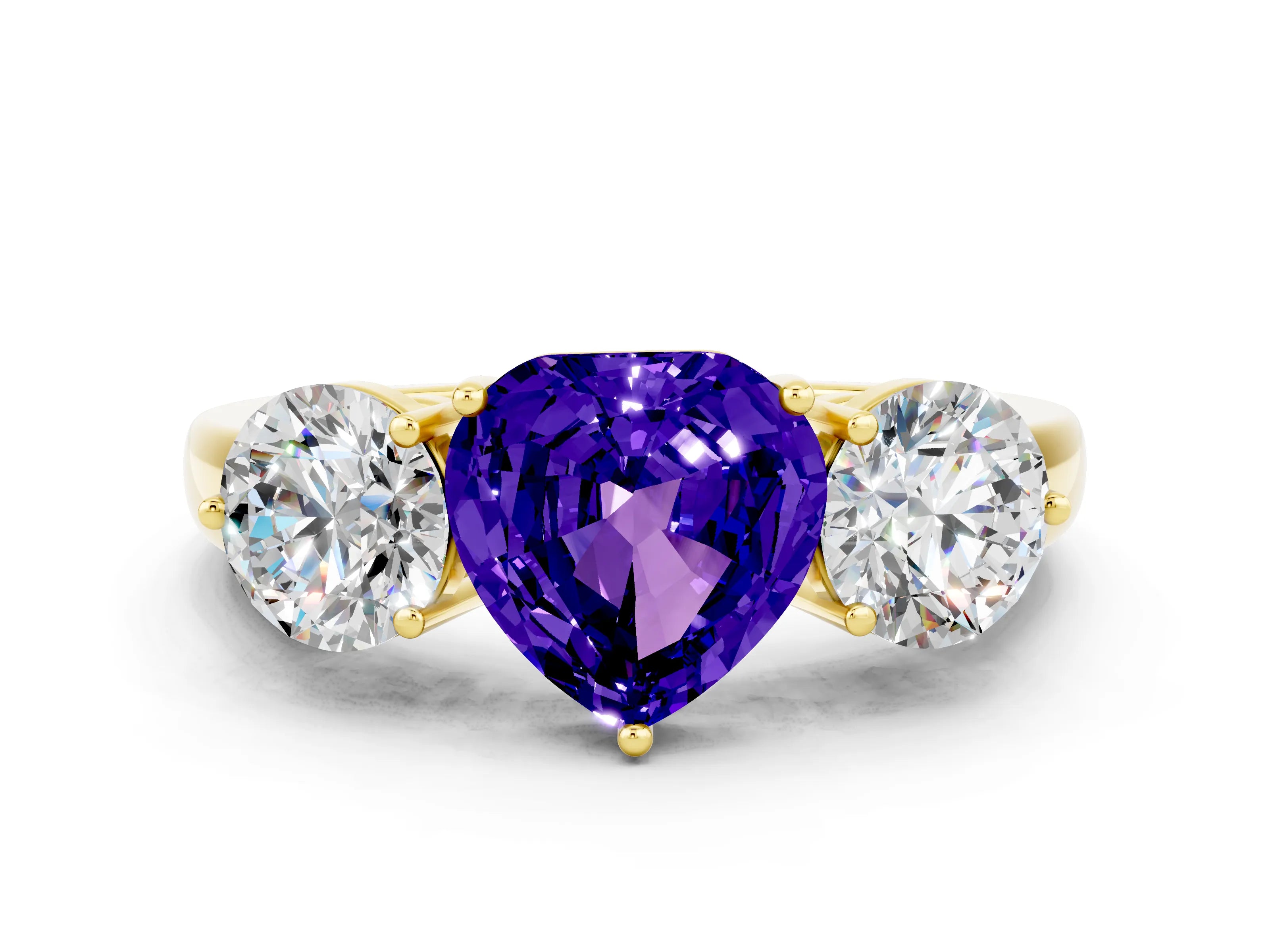 Yellow gold Heart Cut Tanzanite Three-Stone Ring with Prong Setting and Classic Band