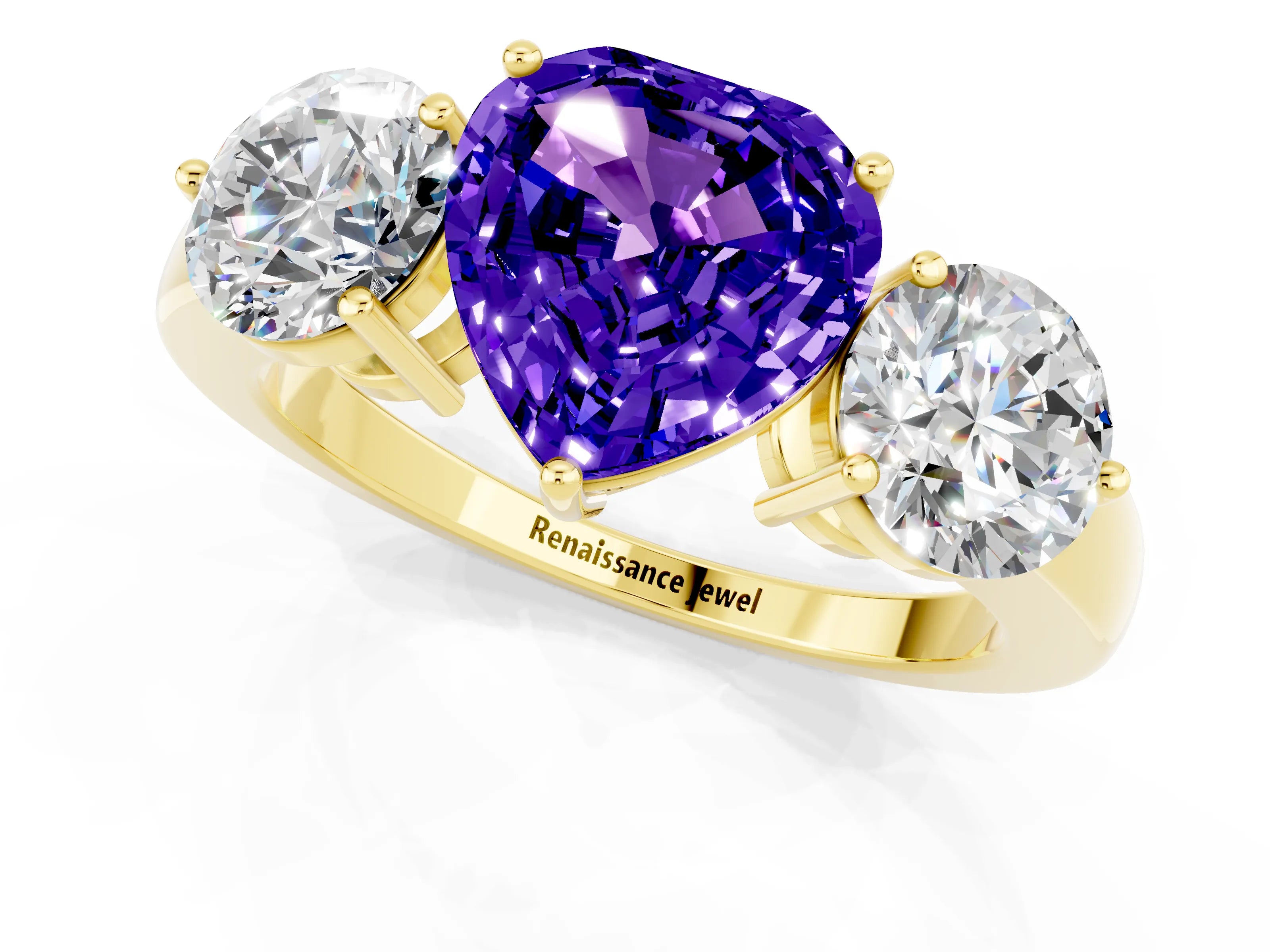 Yellow gold Heart Cut Tanzanite Three-Stone Ring with Prong Setting and Classic Band_1