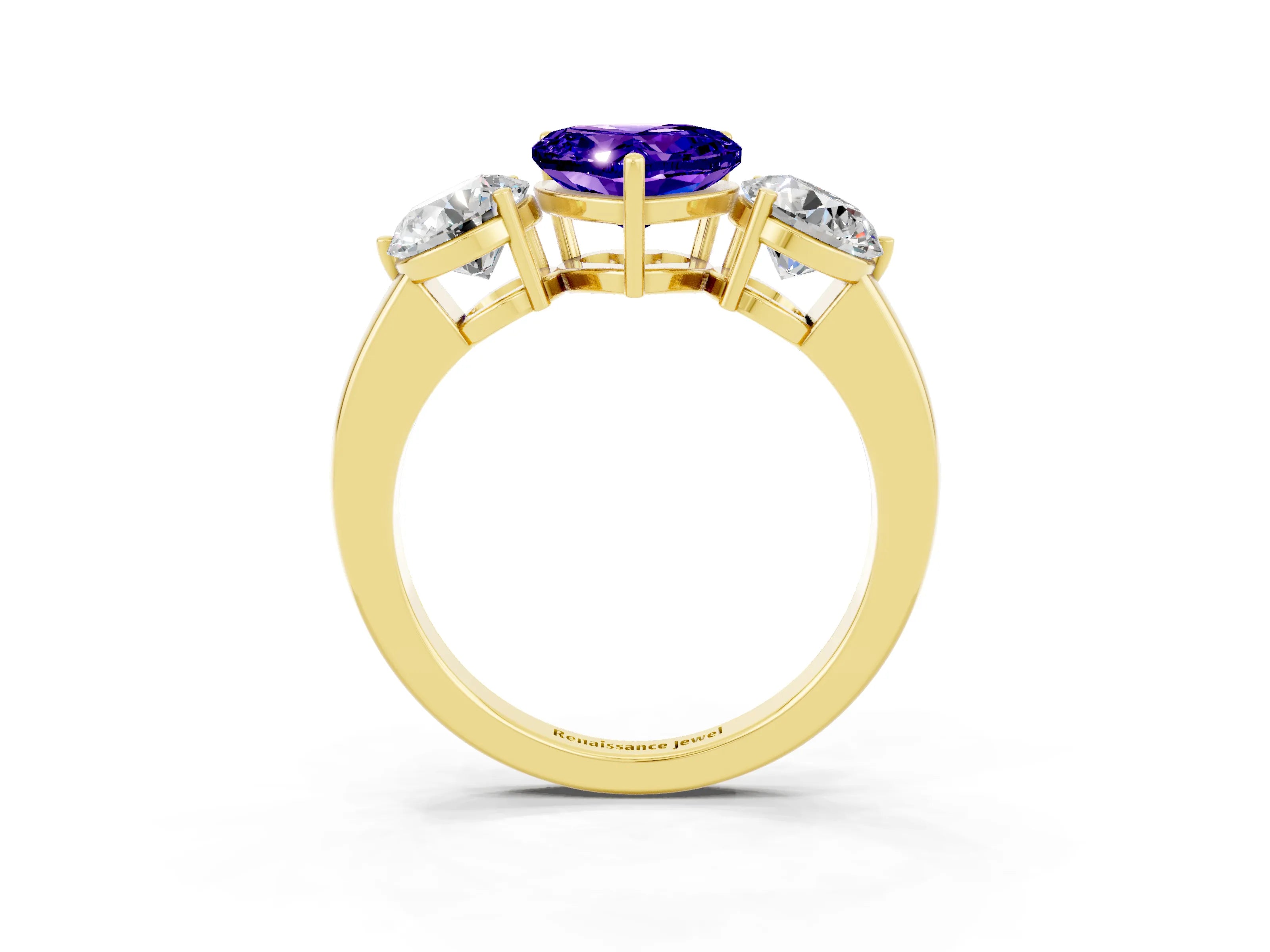 Yellow gold Heart Cut Tanzanite Three-Stone Ring with Prong Setting and Classic Band_3