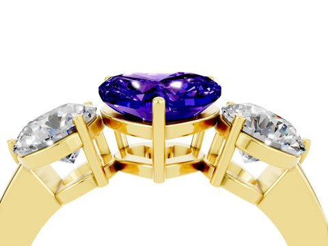 Yellow gold Heart Cut Tanzanite Three-Stone Ring with Prong Setting and Classic Band_4