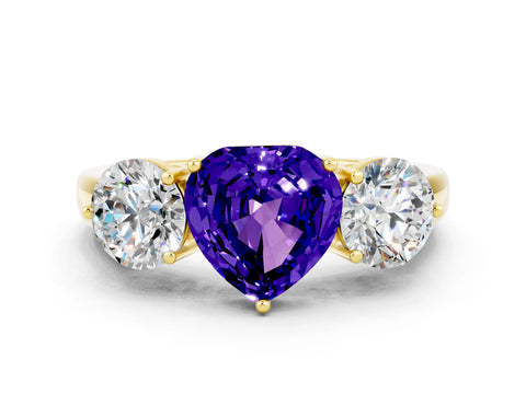 Yellow gold Heart Cut Tanzanite Three-Stone Ring with Prong Setting and Classic Band