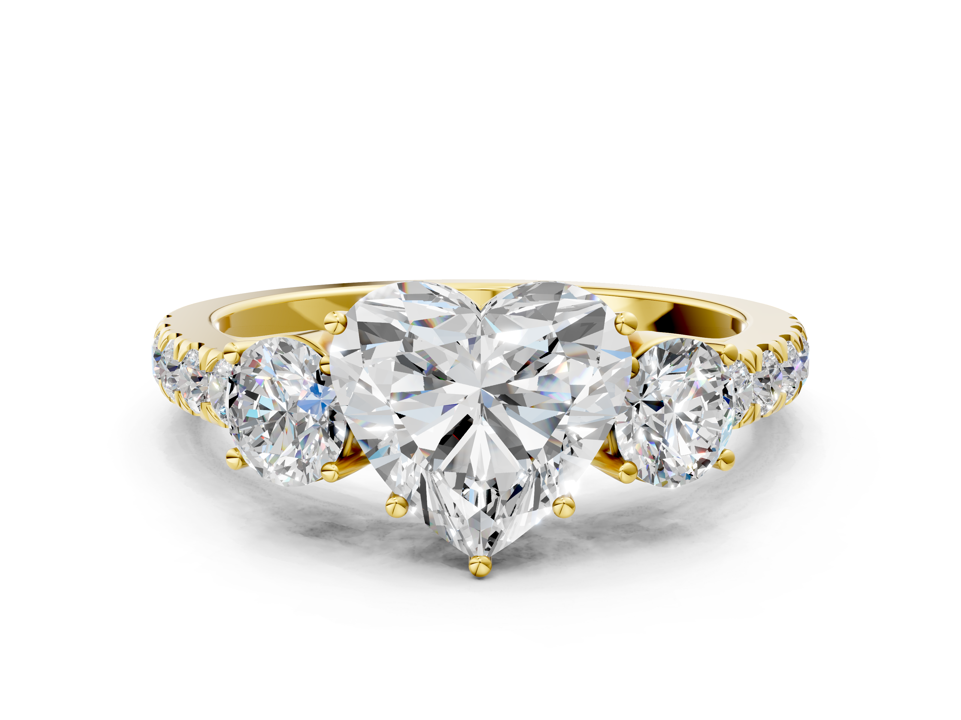 Yellow gold Heart Cut Three-Stone Diamond Pave Band with Prong Setting_89