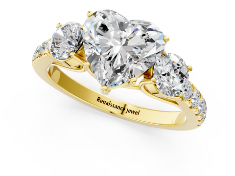 Yellow gold Heart Cut Three-Stone Diamond Pave Band with Prong Setting_90
