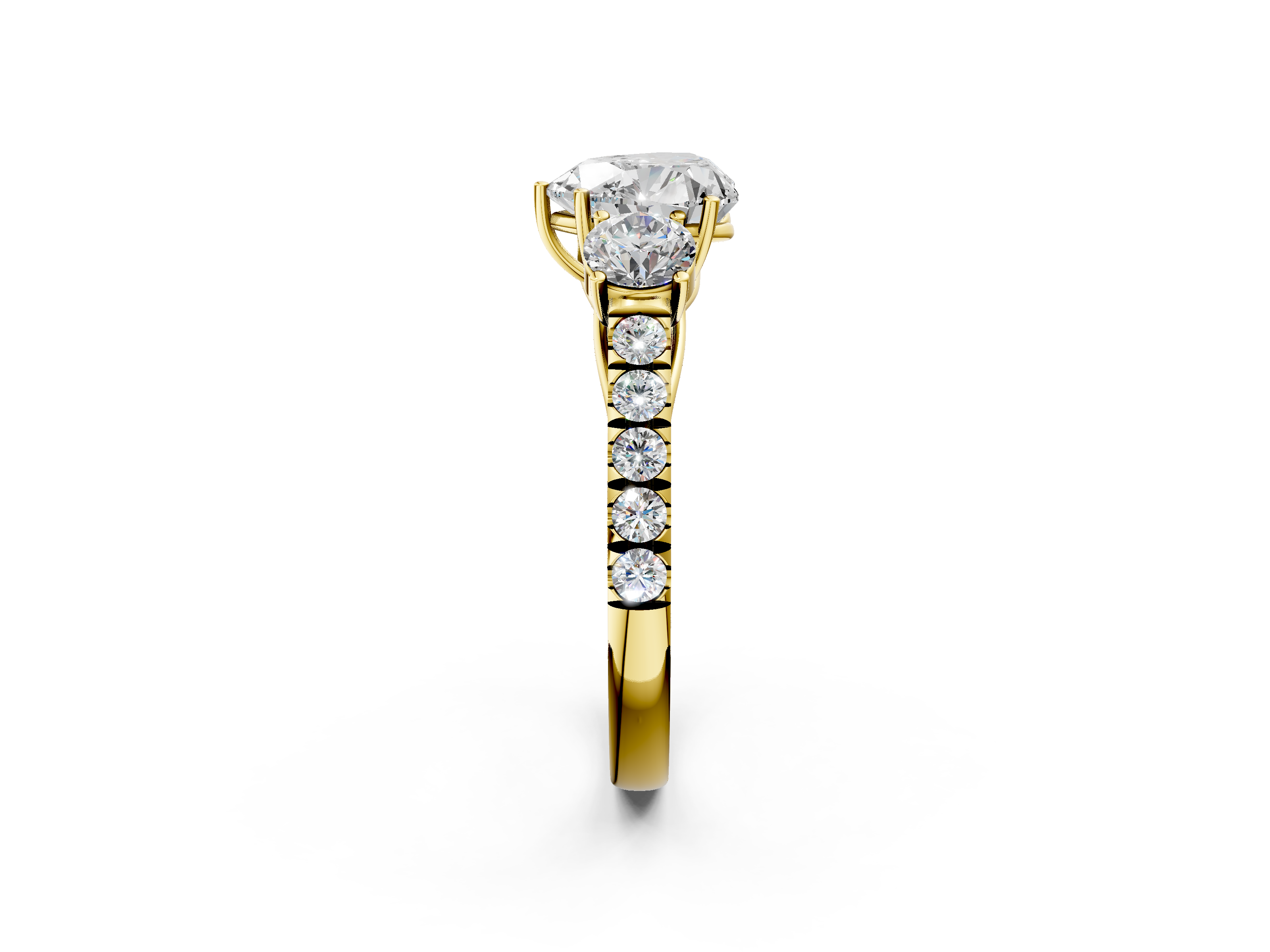 Yellow gold Heart Cut Three-Stone Diamond Pave Band with Prong Setting_91