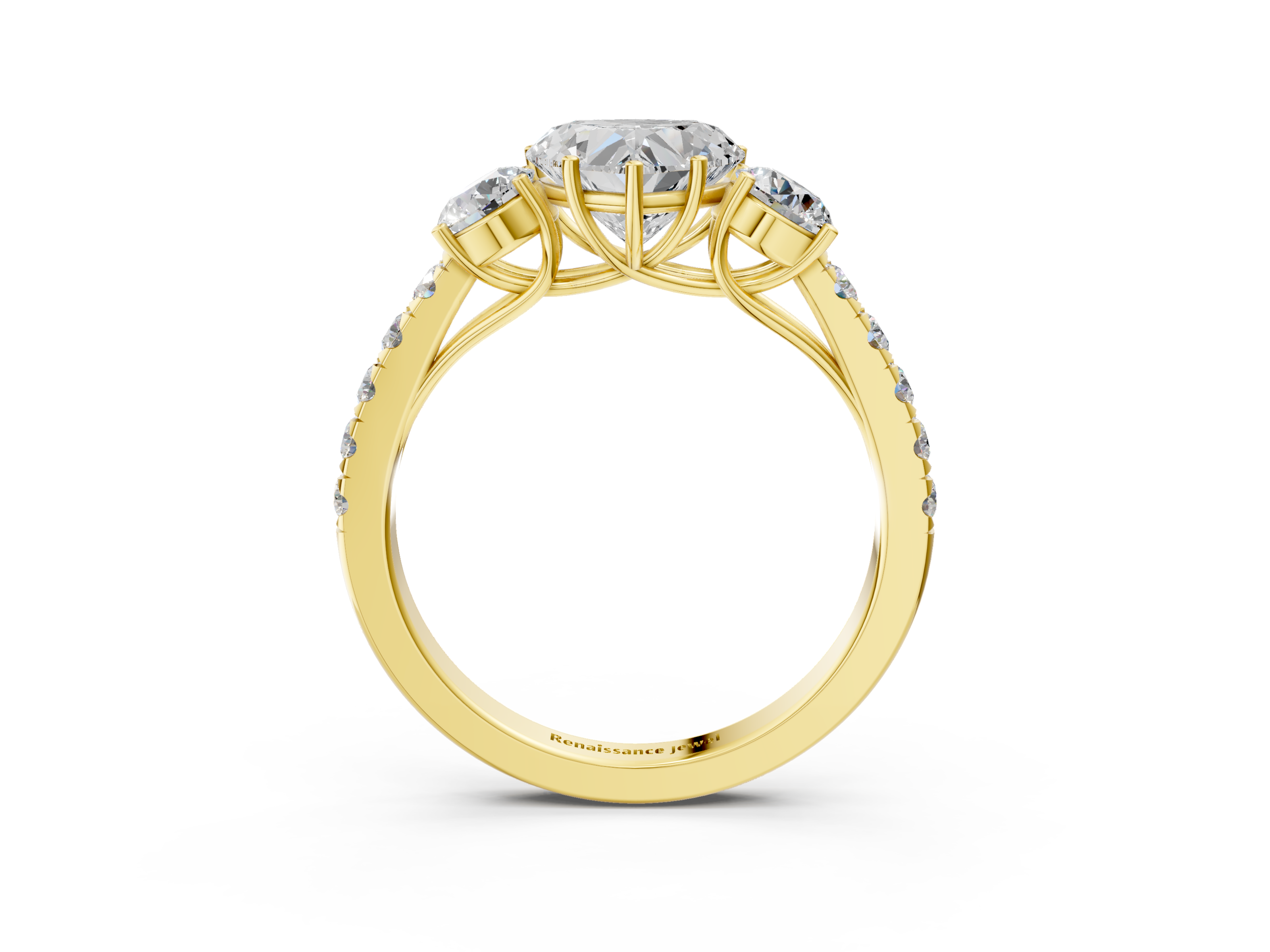 Yellow gold Heart Cut Three-Stone Diamond Pave Band with Prong Setting_92