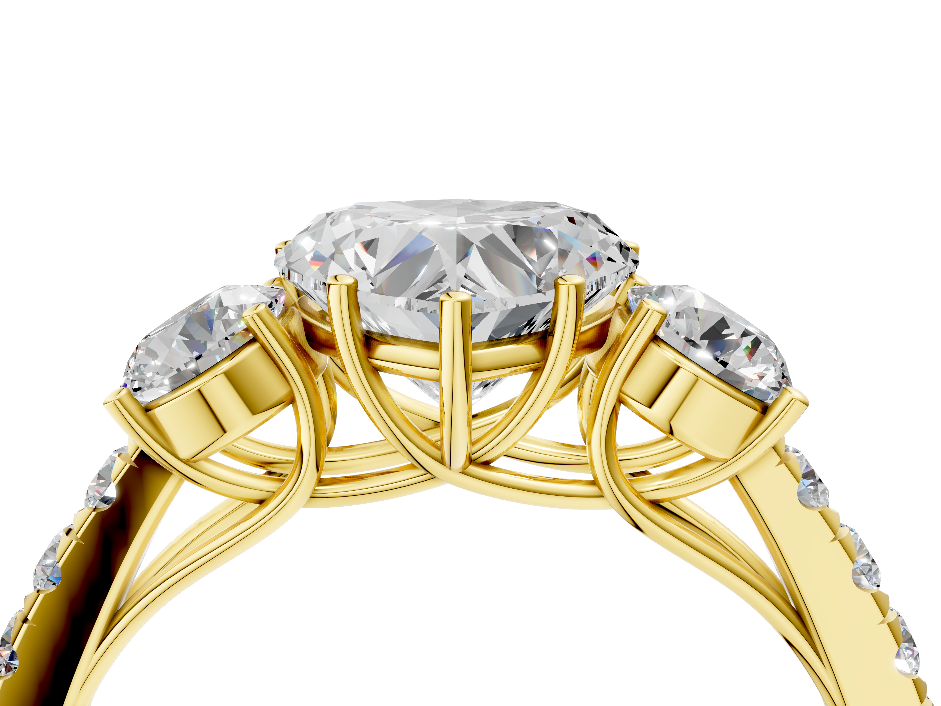 Yellow gold Heart Cut Three-Stone Diamond Pave Band with Prong Setting_93