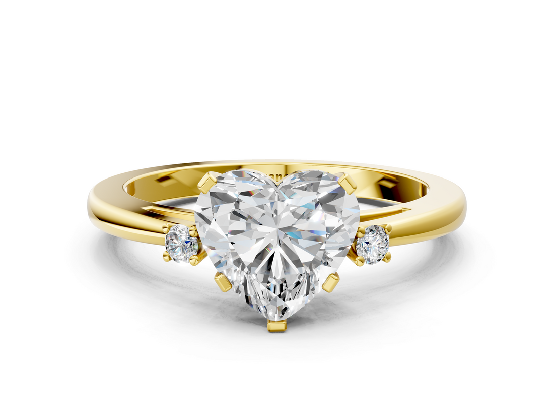 Yellow gold Heart Cut Three-Stone Solitaire Ring with Round Accent Diamonds and Four-Prong Setting_32