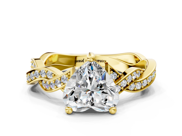 Yellow gold Heart Cut Twisted Pavé Band Solitaire Ring with Four-Prong Setting