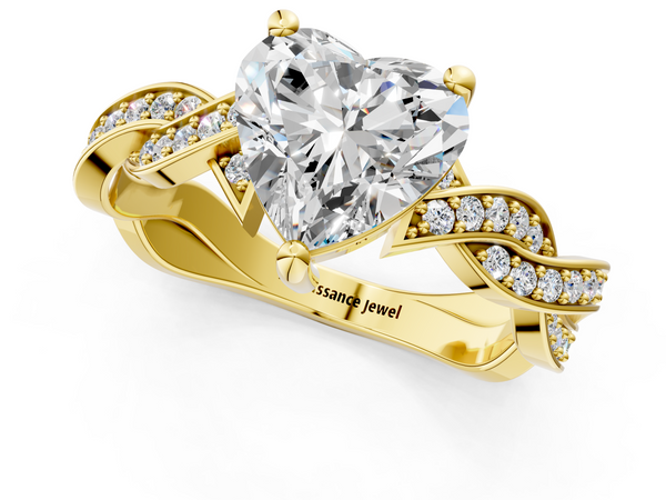 Yellow gold Heart Cut Twisted Pavé Band Solitaire Ring with Four-Prong Setting