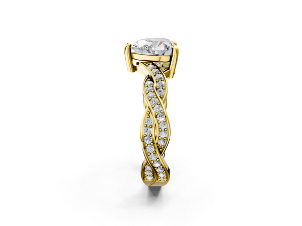 Yellow gold Heart Cut Twisted Pavé Band Solitaire Ring with Four-Prong Setting