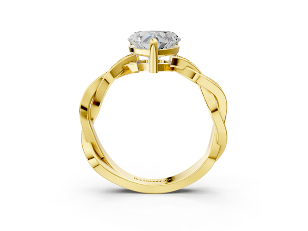 Yellow gold Heart Cut Twisted Pavé Band Solitaire Ring with Four-Prong Setting