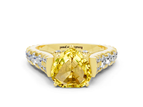 Yellow gold Heart Cut Yellow Sapphire Classic Solitaire Ring with Pavé Band and Four-Prong Setting
