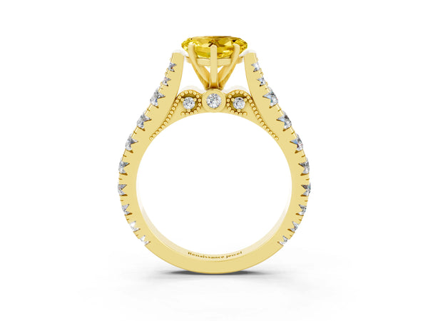 Yellow gold Heart Cut Yellow Sapphire Classic Solitaire Ring with Pavé Band and Four-Prong Setting