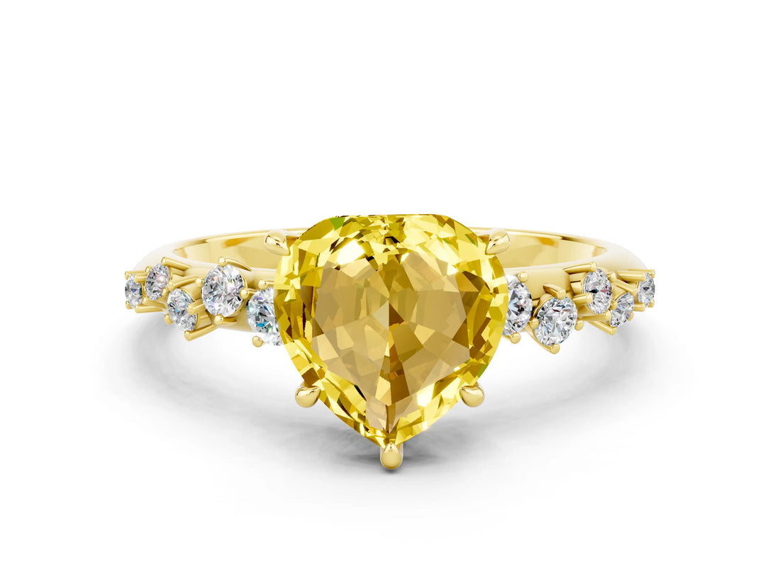 Yellow gold Heart Cut Yellow Sapphire Cluster Side Stone Solitaire Ring with Prong Setting_48