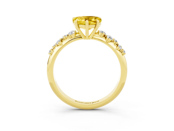 Yellow gold Heart Cut Yellow Sapphire Cluster Side Stone Solitaire Ring with Prong Setting