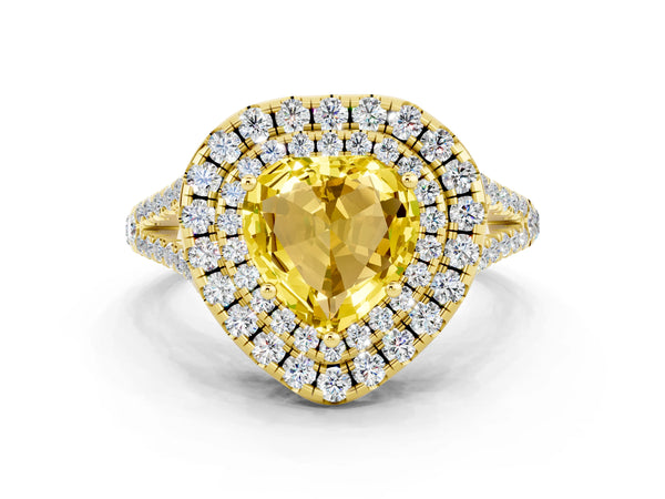 Yellow gold Heart Cut Yellow Sapphire Double Halo Ring with Pavé Band and Prong Setting