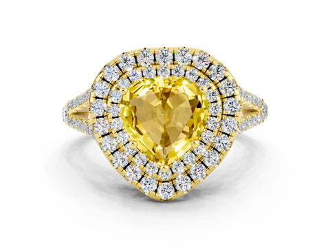 Yellow gold Heart Cut Yellow Sapphire Double Halo Ring with Pavé Band and Prong Setting_12