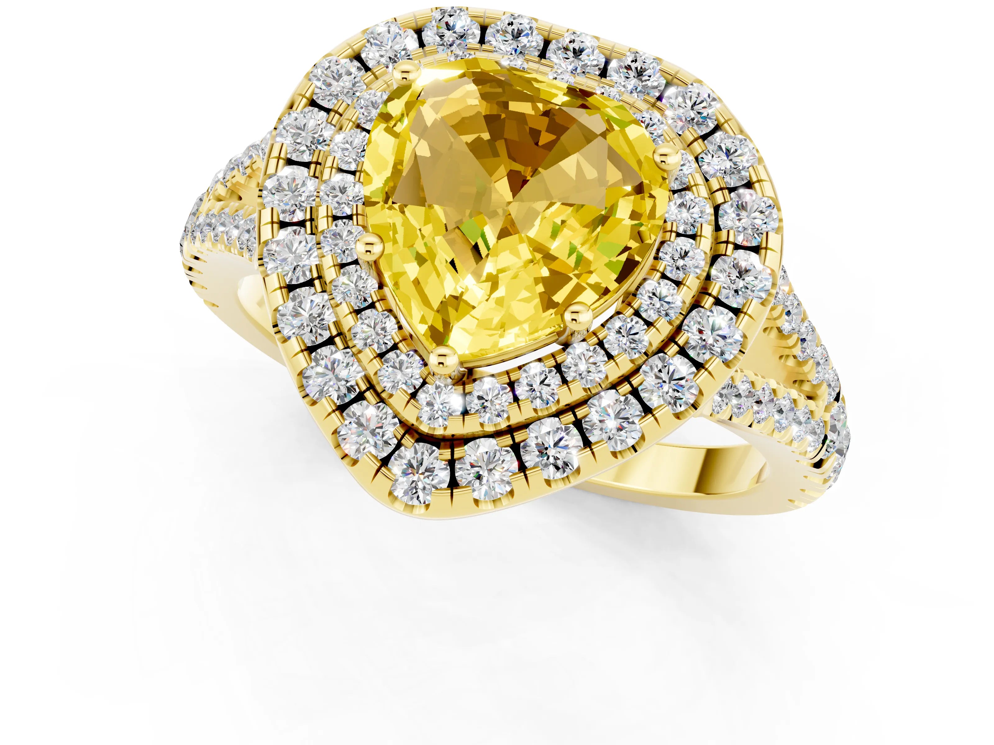 Yellow gold Heart Cut Yellow Sapphire Double Halo Ring with Pavé Band and Prong Setting_13