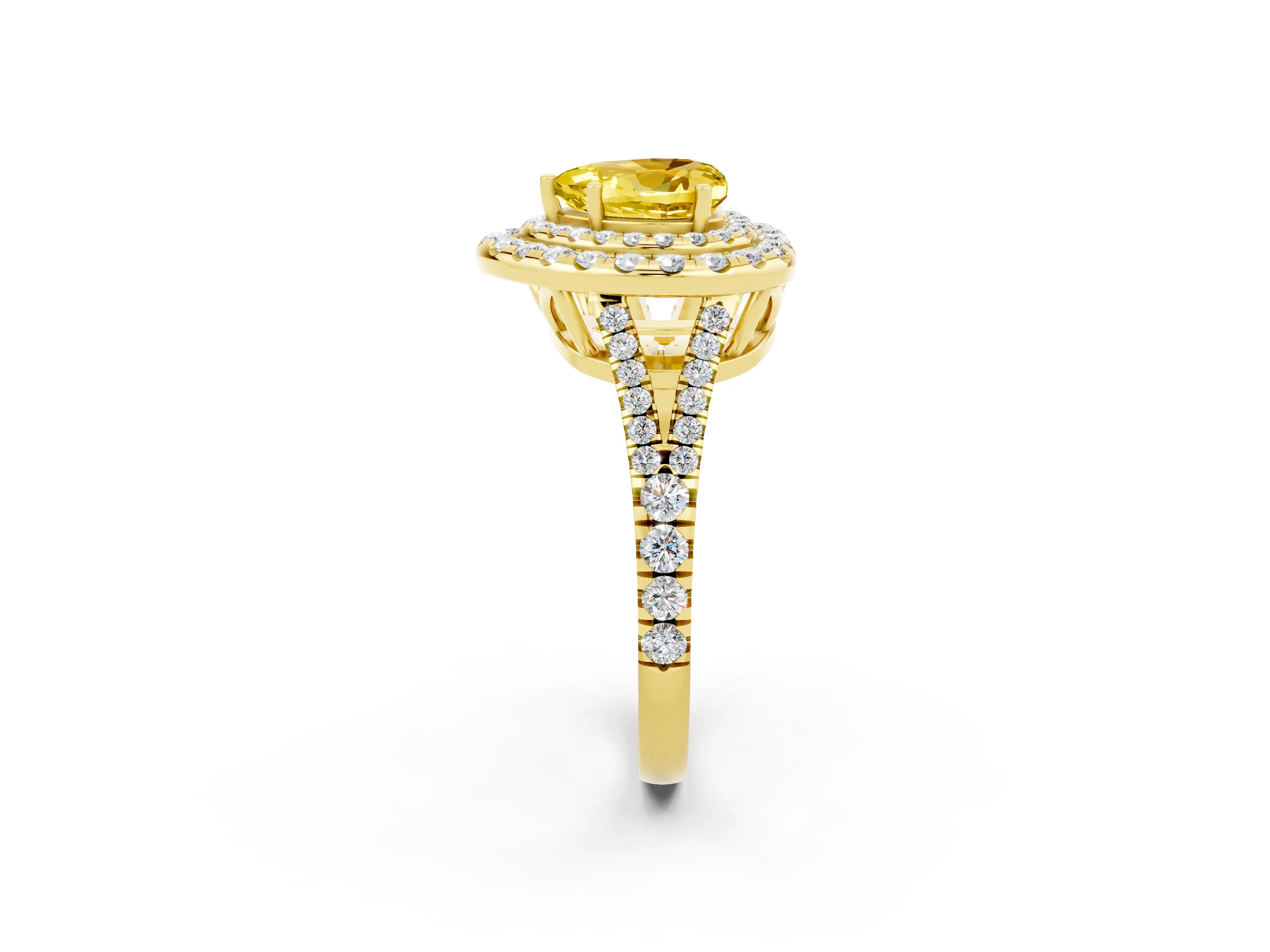 Yellow gold Heart Cut Yellow Sapphire Double Halo Ring with Pavé Band and Prong Setting_14