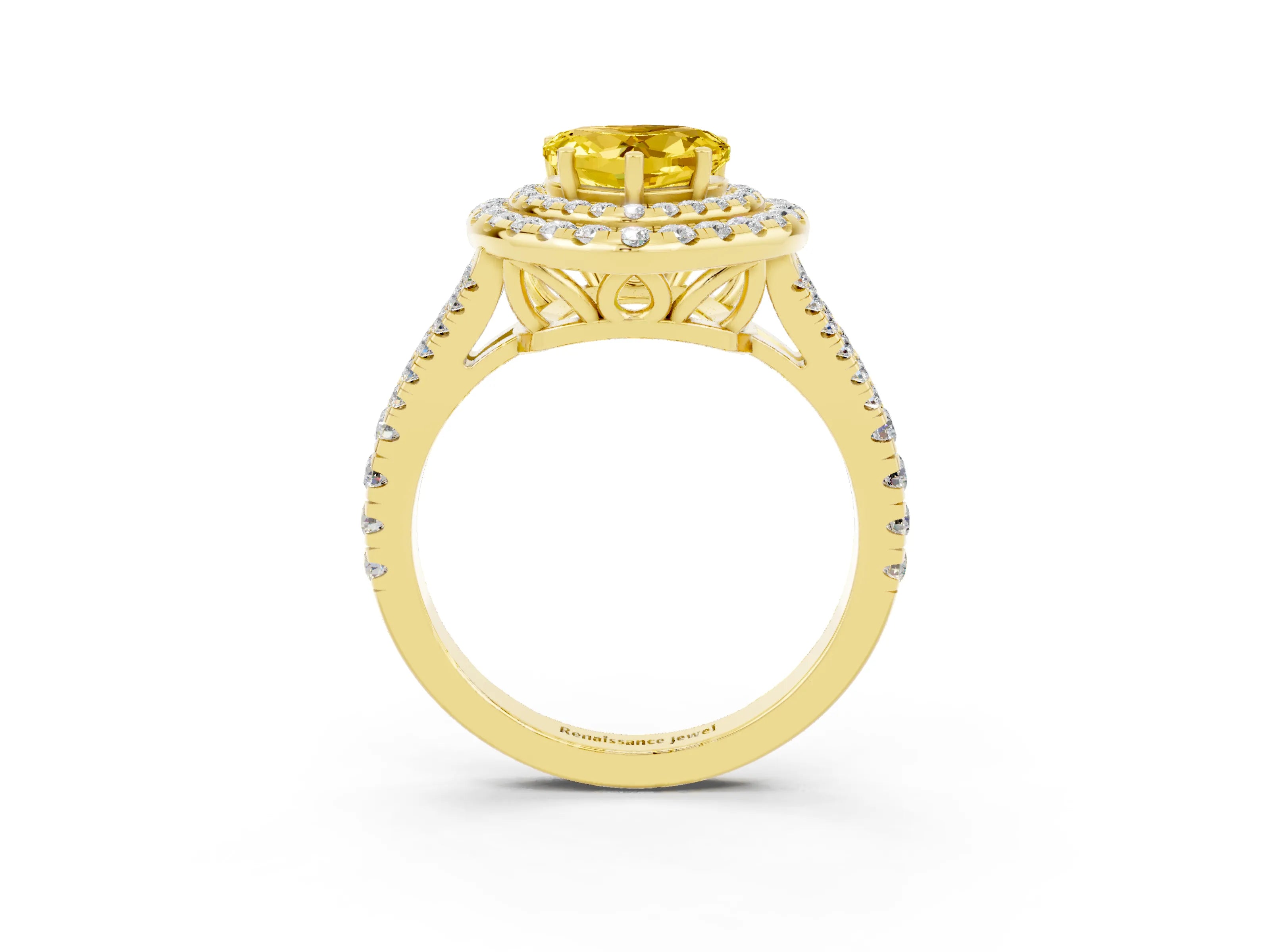 Yellow gold Heart Cut Yellow Sapphire Double Halo Ring with Pavé Band and Prong Setting_15