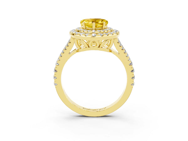 Yellow gold Heart Cut Yellow Sapphire Double Halo Ring with Pavé Band and Prong Setting