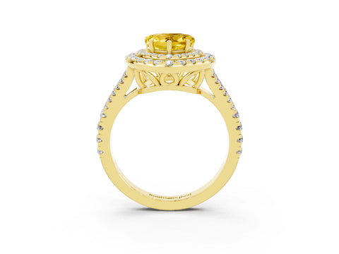 Yellow gold Heart Cut Yellow Sapphire Double Halo Ring with Pavé Band and Prong Setting_15