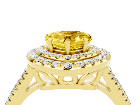 Yellow gold Heart Cut Yellow Sapphire Double Halo Ring with Pavé Band and Prong Setting_16