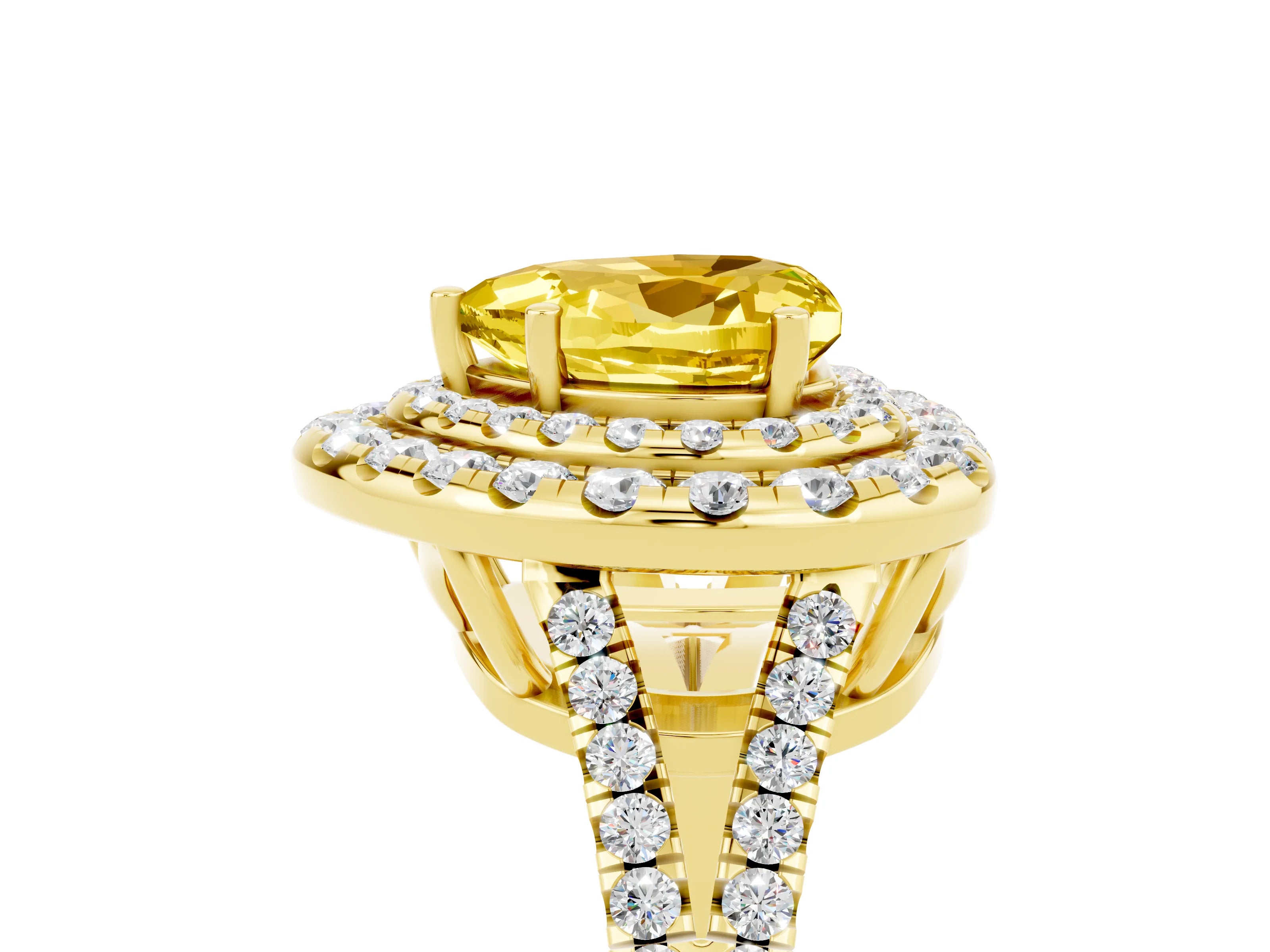 Yellow gold Heart Cut Yellow Sapphire Double Halo Ring with Pavé Band and Prong Setting_17