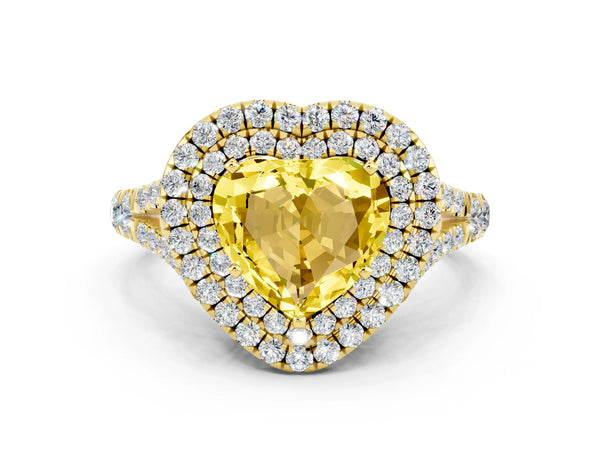 Yellow gold Heart Cut Yellow Sapphire Double Halo Ring with Split Shank and Prong Setting