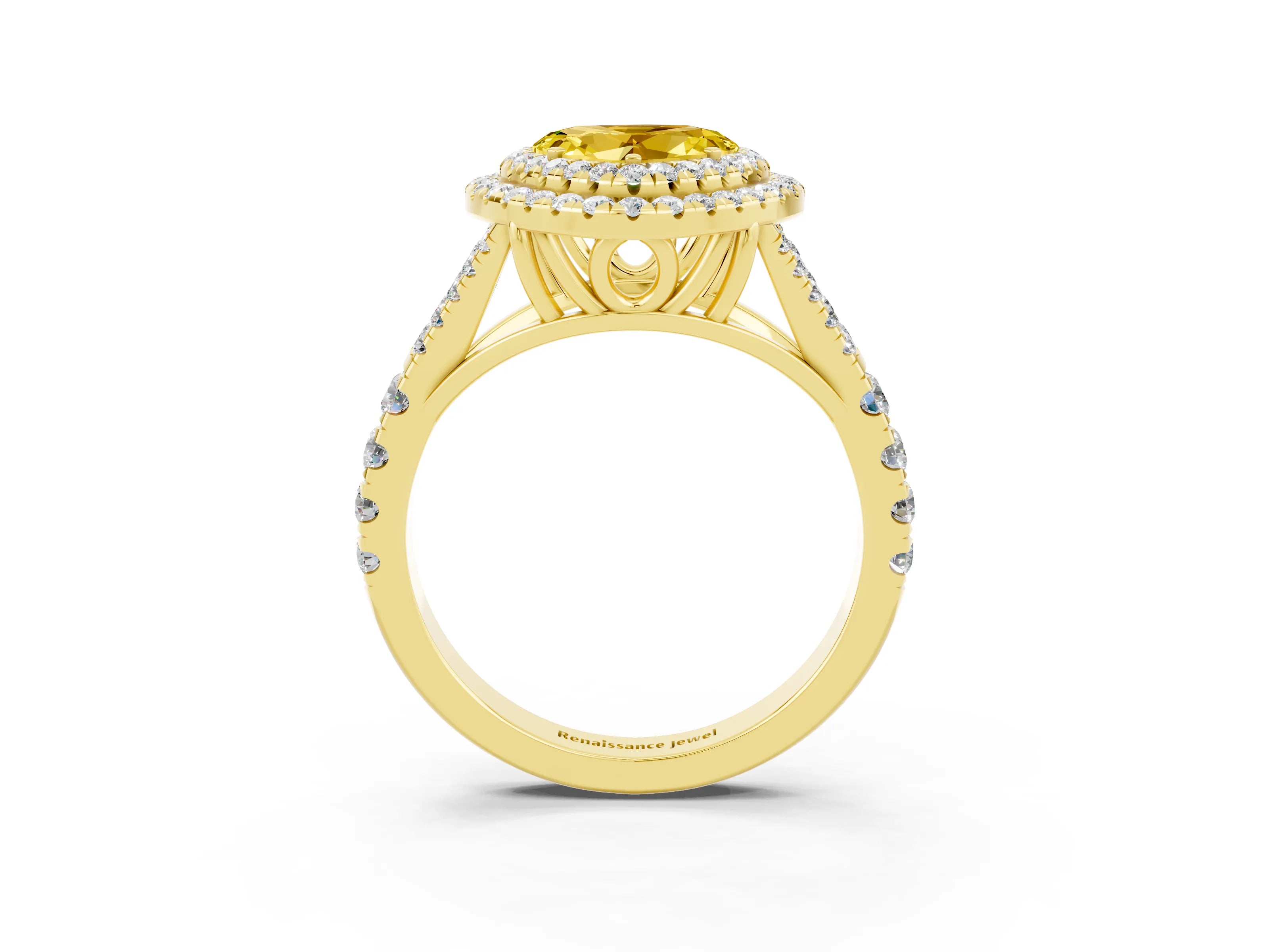 Yellow gold Heart Cut Yellow Sapphire Double Halo Ring with Split Shank and Prong Setting_15