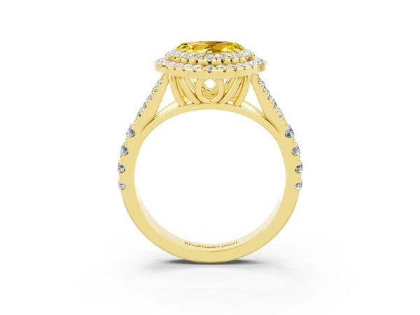 Yellow gold Heart Cut Yellow Sapphire Double Halo Ring with Split Shank and Prong Setting