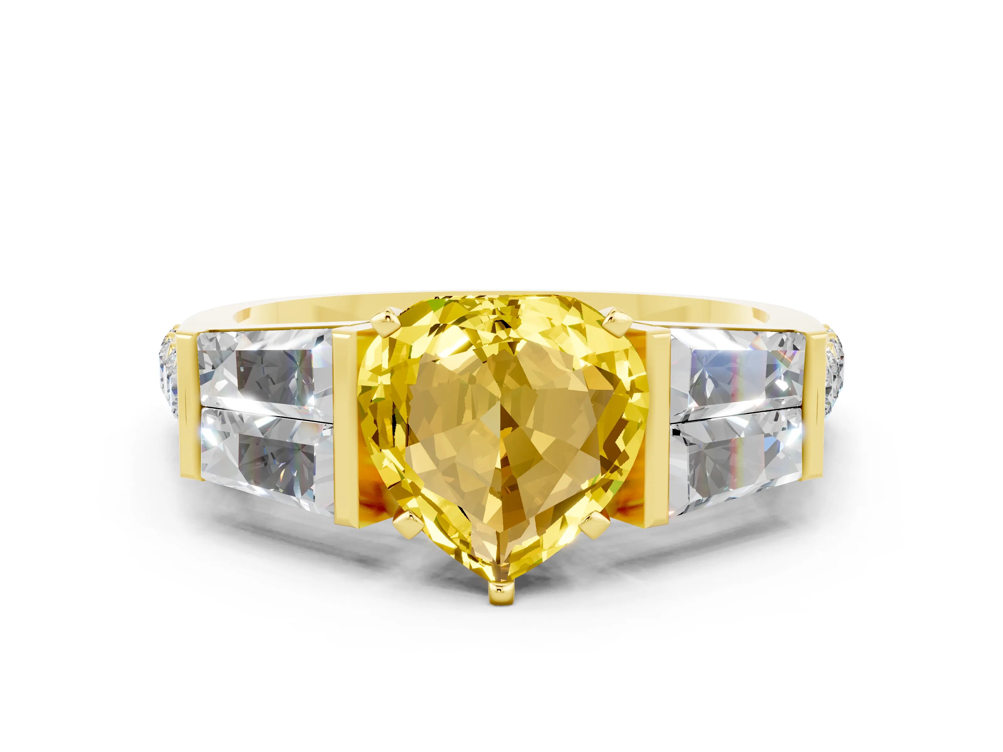 Yellow gold Heart Cut Yellow Sapphire Engagement Ring with Baguette Side Stones and Channel Set Band