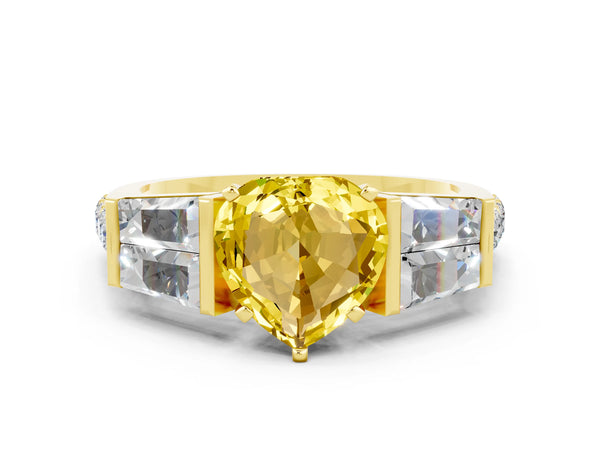 Yellow gold Heart Cut Yellow Sapphire Engagement Ring with Baguette Side Stones and Channel Set Band