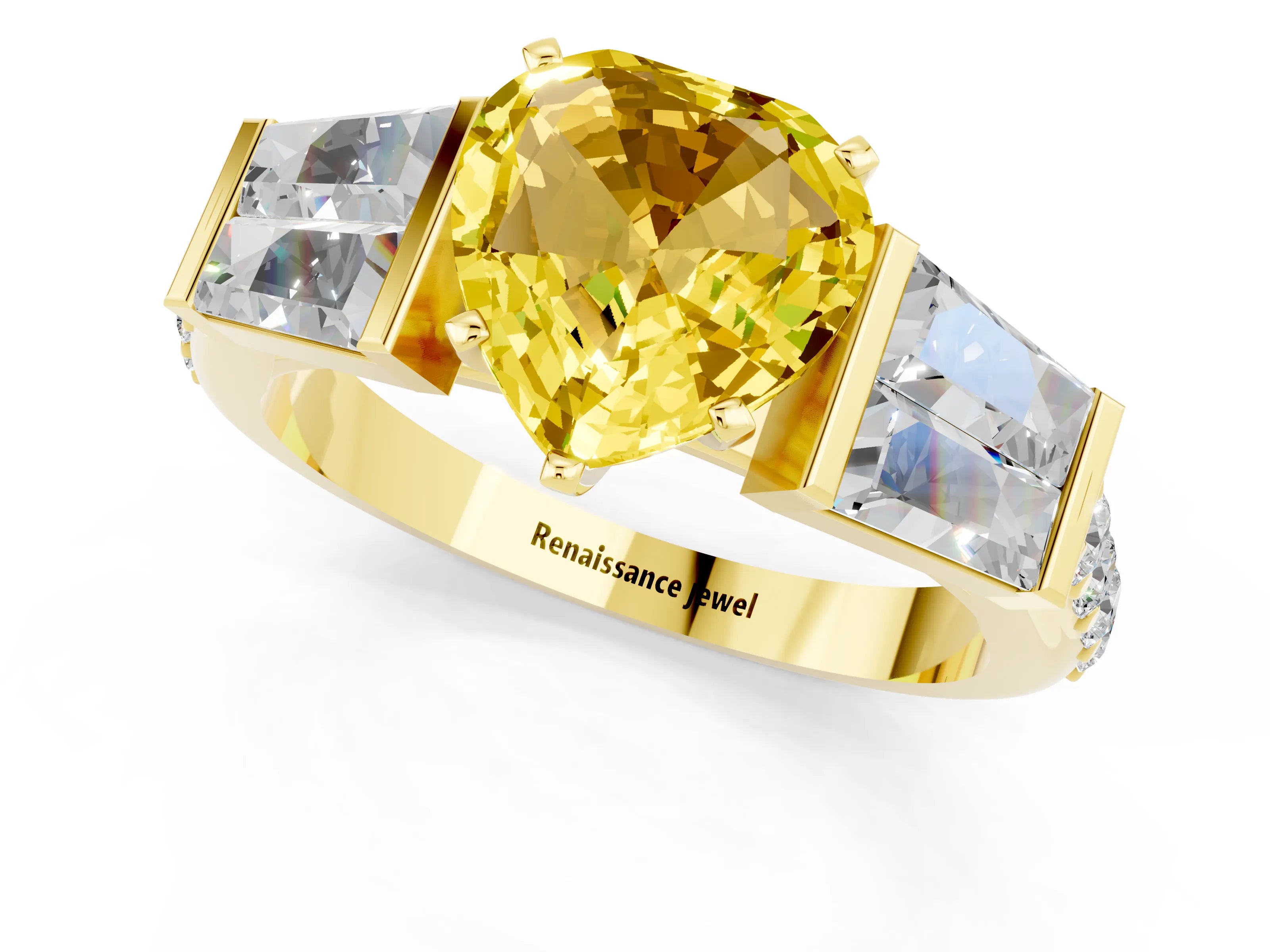 Yellow gold Heart Cut Yellow Sapphire Engagement Ring with Baguette Side Stones and Channel Set Band_1
