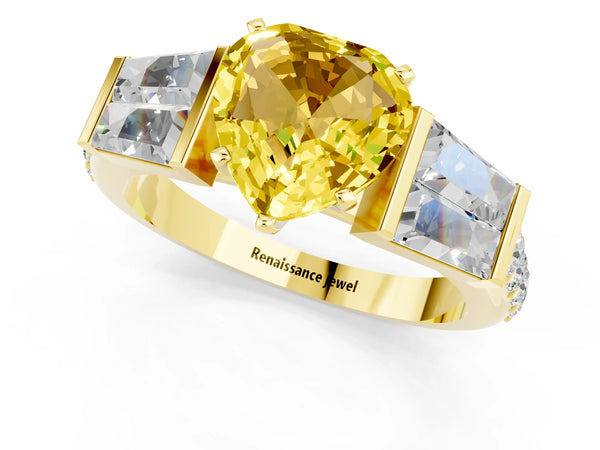 Yellow gold Heart Cut Yellow Sapphire Engagement Ring with Baguette Side Stones and Channel Set Band